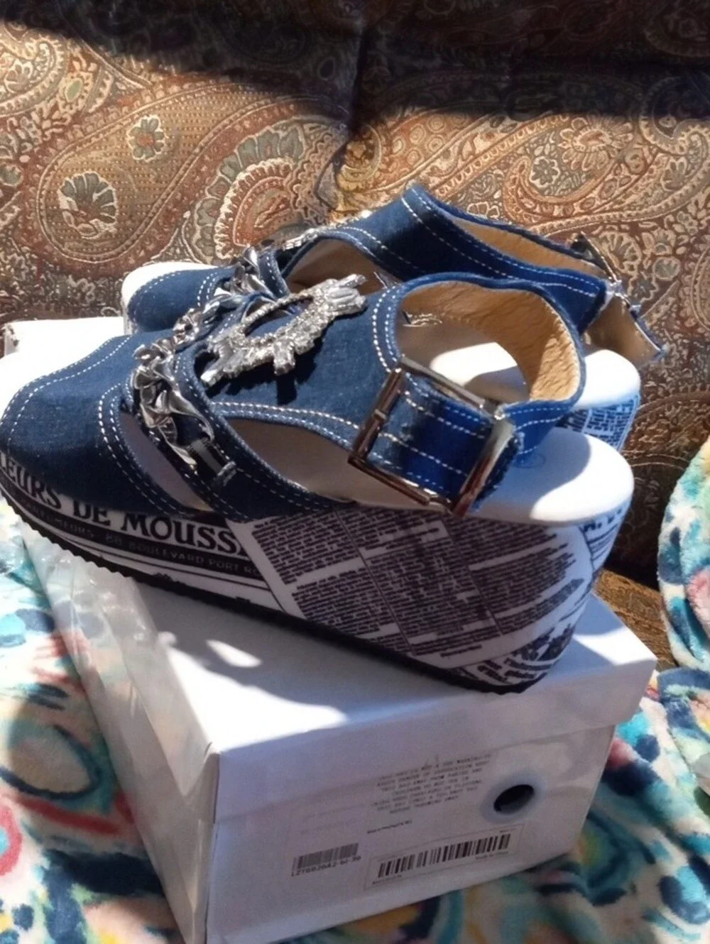 Denim Platform Slingback Sandals with Silver Chain Embellishment 8.5 NIB